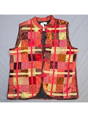 Coldwater Creek XL Patchwork Velvet Vest Red Burgundy Gold Folk Boho
